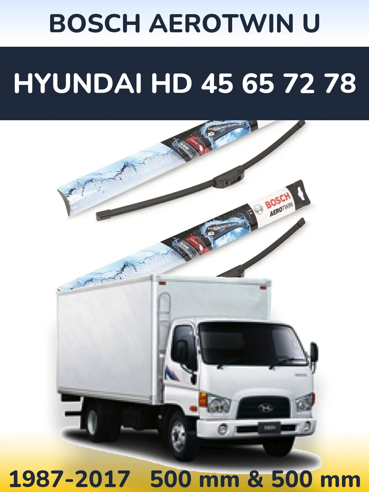 Комплект передних дворников BOSCH AeroTwin U 500 & 500 мм для Hyundai HD 45 65 72 78 1987-2017