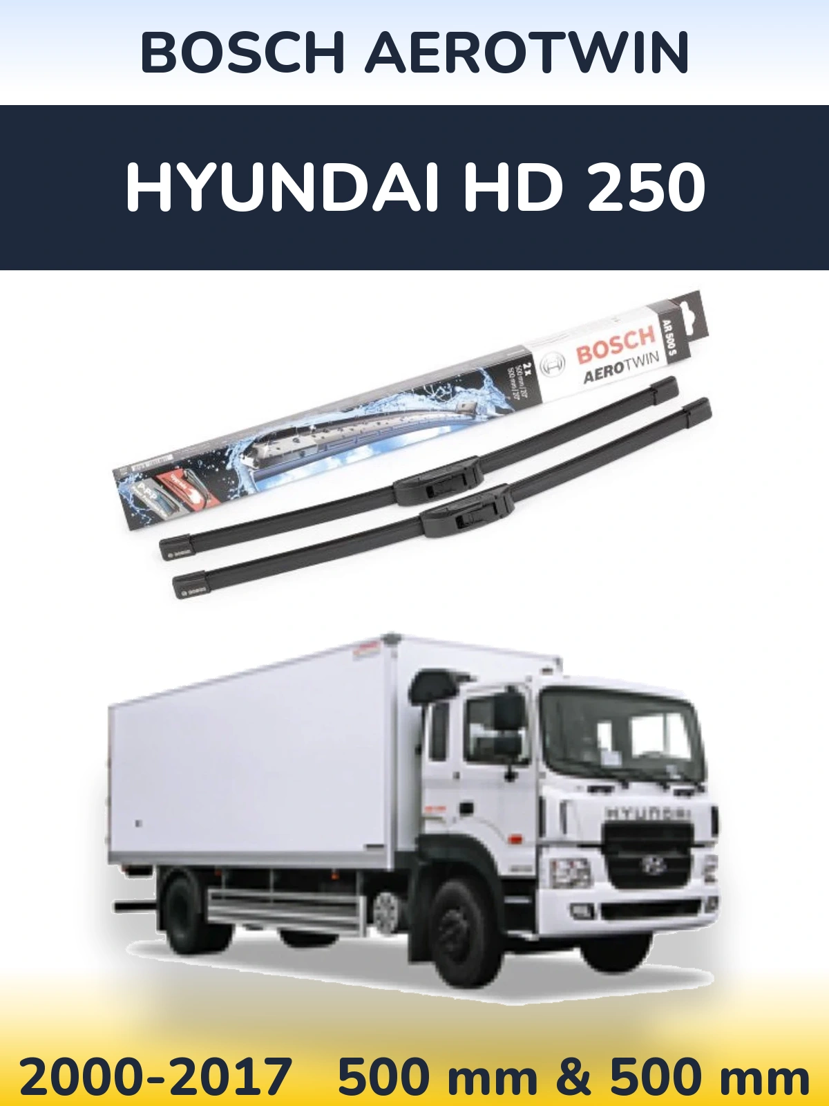 Front wiper blade set BOSCH AeroTwin 500 & 500 mm for Hyundai HD 250 2000-2017