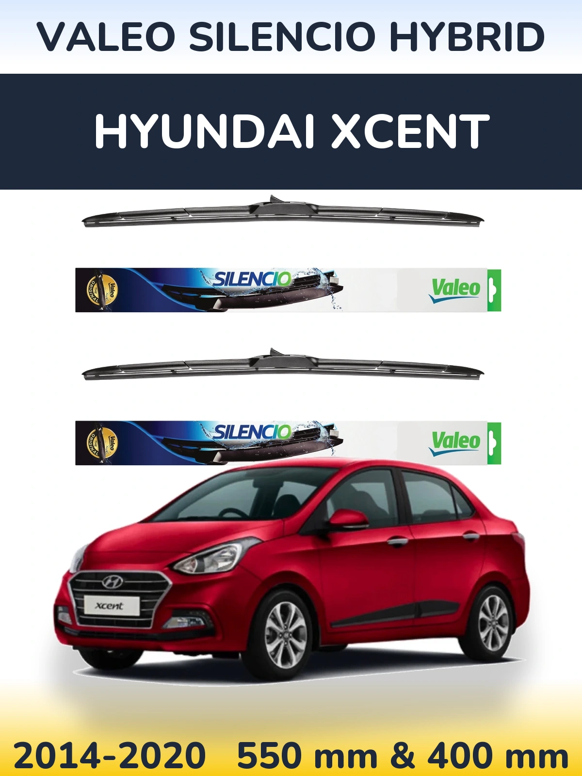 Front wiper blade set Valeo Silencio Hybrid 550 & 400 mm for Hyundai Xcent 2014-2020