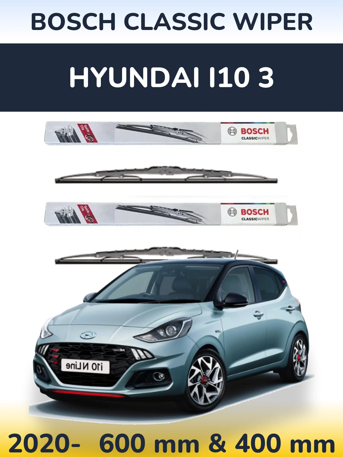 Front wiper blade set BOSCH Classic Wiper 600 & 400 mm for Hyundai i10 3 2020-2026