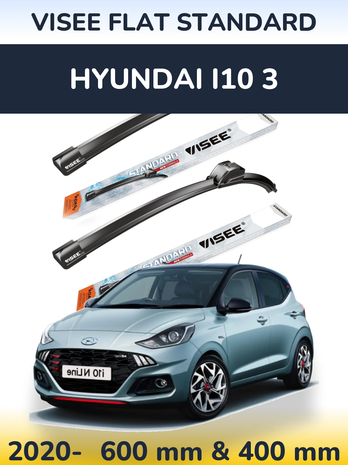 Front wiper blade set VISEE FLAT STANDARD 600 & 400 mm for Hyundai i10 3 2020-2026