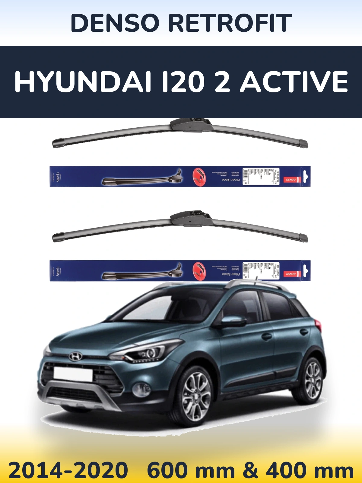 Front wiper blade set Denso Retrofit 600 & 400 mm for Hyundai i20 2 Active 2014-2020