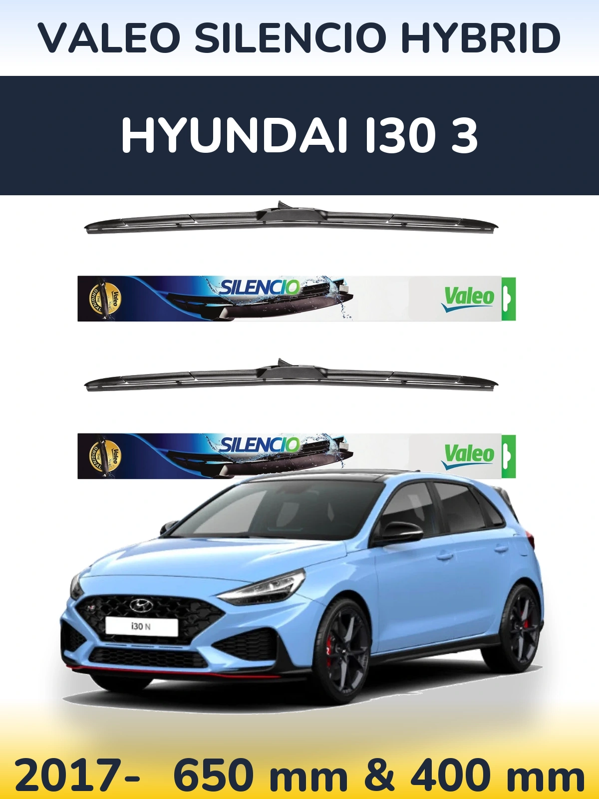 Front wiper blade set Valeo Silencio Hybrid 650 & 400 mm for Hyundai i30 3 2017-2026
