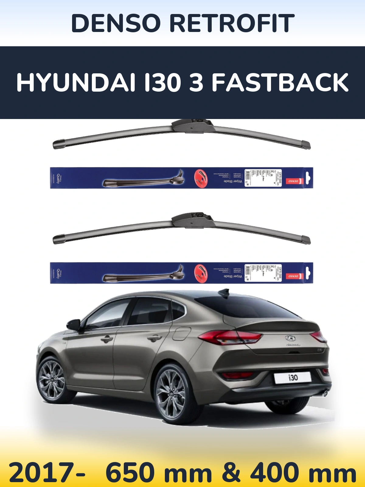 Front wiper blade set Denso Retrofit 650 & 400 mm for Hyundai i30 3 Fastback 2017-2026