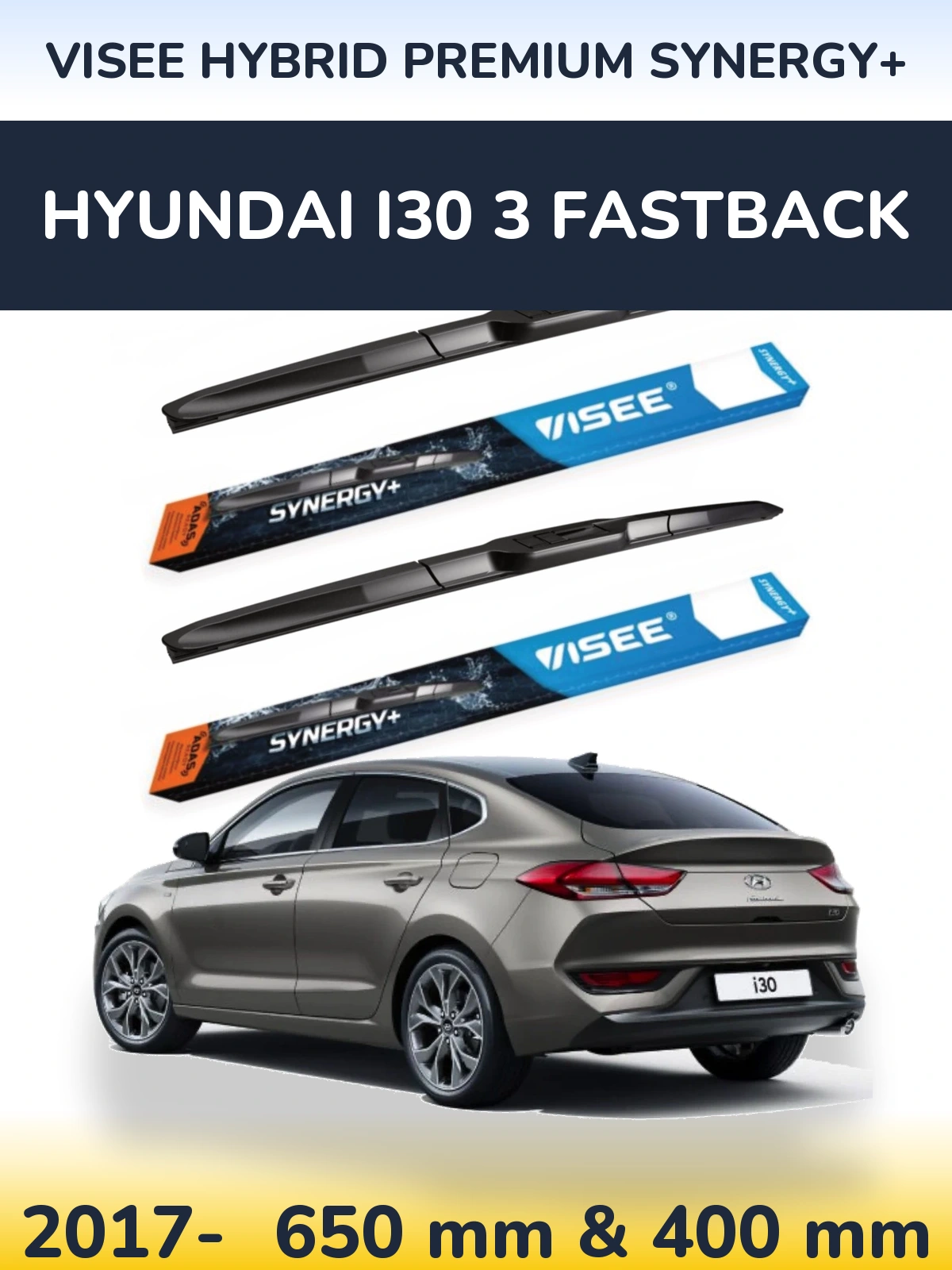 Комплект передних дворников VISEE HYBRID PREMIUM SYNERGY+ 650 & 400 мм для Hyundai i30 3 Fastback 2017-2026