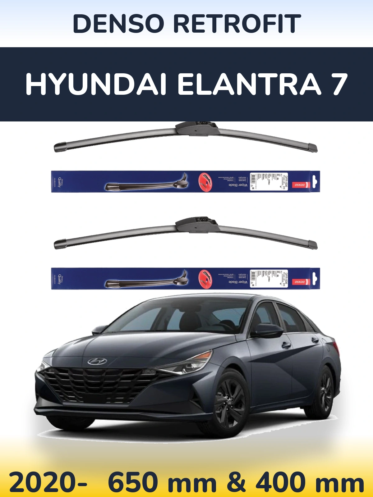 Front wiper blade set Denso Retrofit 650 & 400 mm for Hyundai Elantra 7 2020-2026