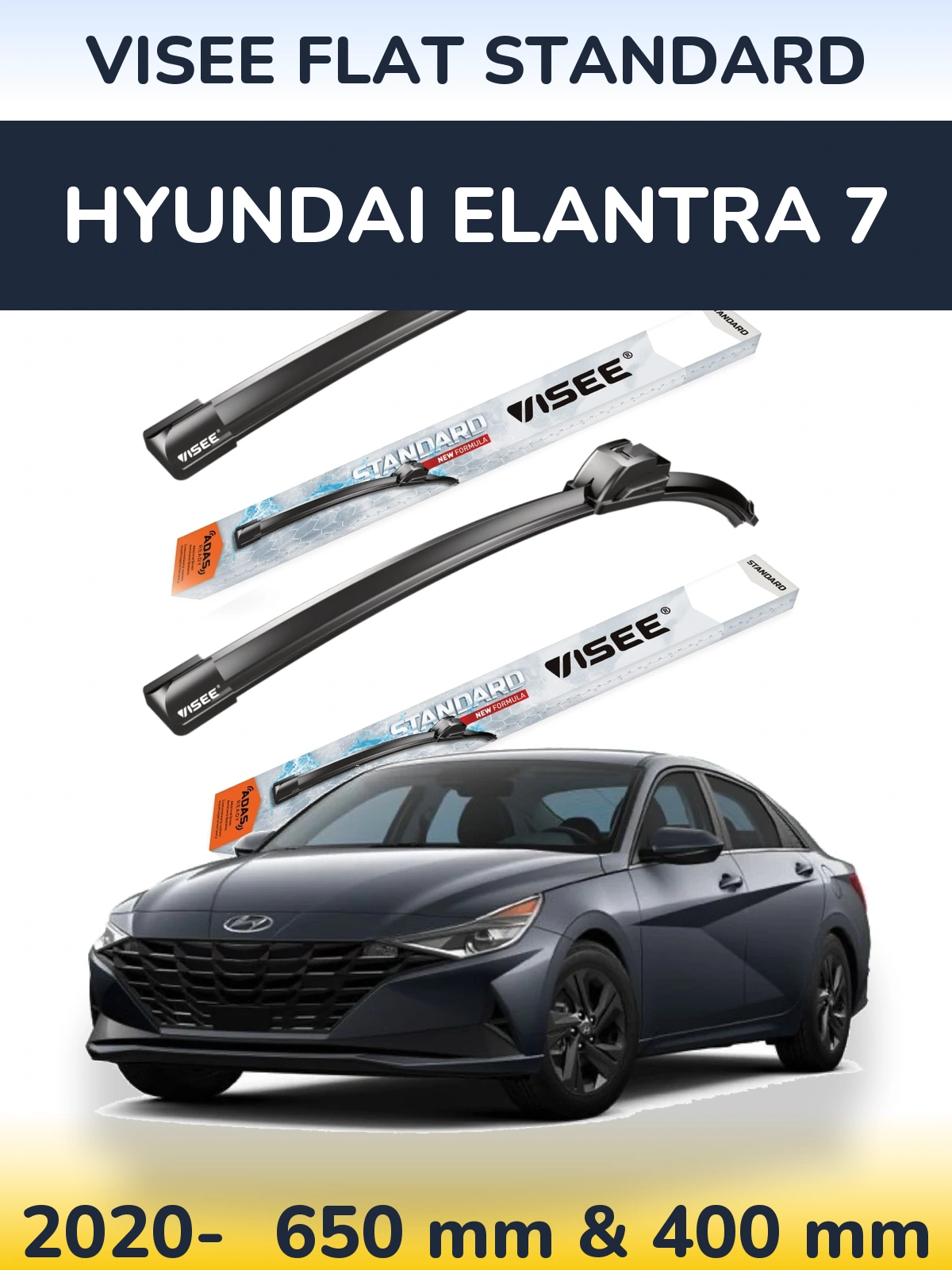 Front wiper blade set VISEE FLAT STANDARD 650 & 400 mm for Hyundai Elantra 7 2020-2026
