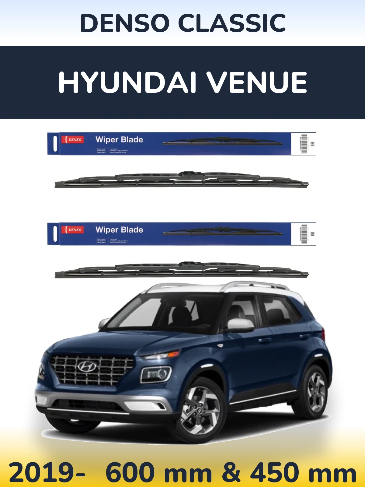 Front wiper blade set Denso Classic 600 & 450 mm for Hyundai Venue 2019-2026