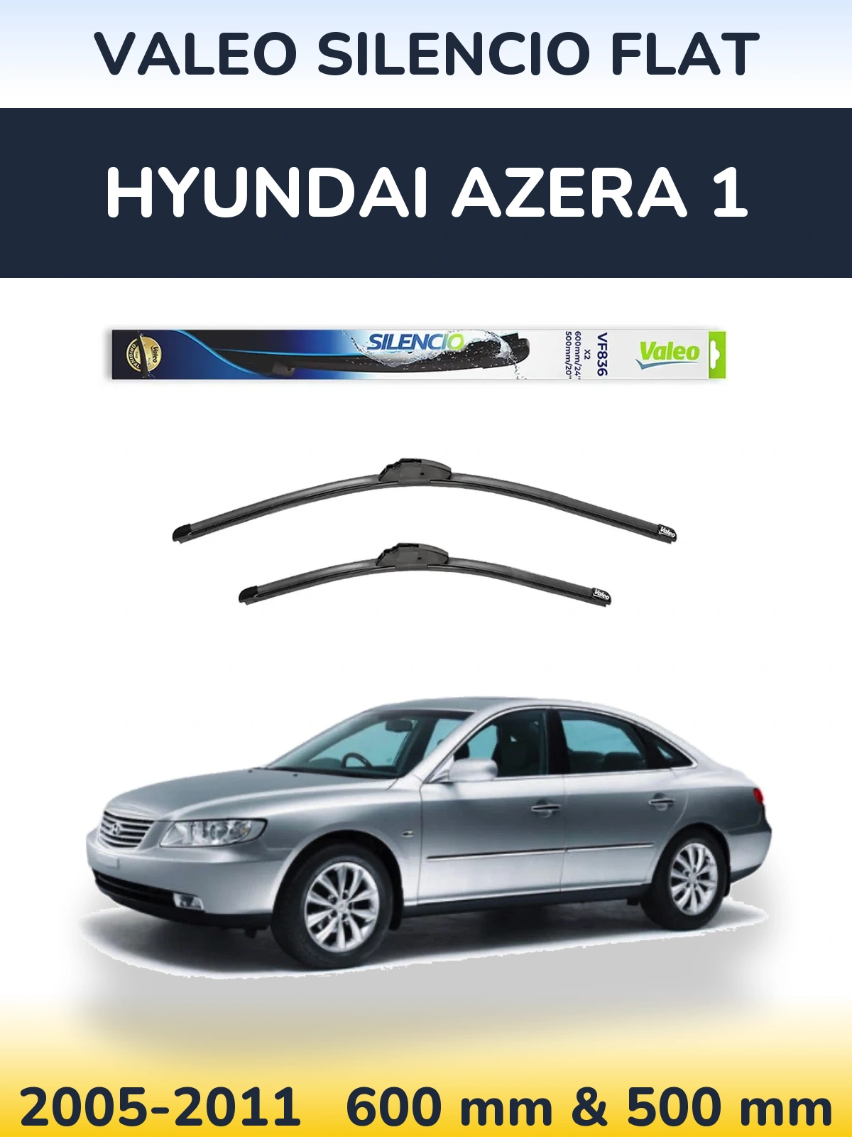 Front wiper blade set Valeo Silencio Flat 600 & 500 mm for Hyundai Azera 1 2005-2011