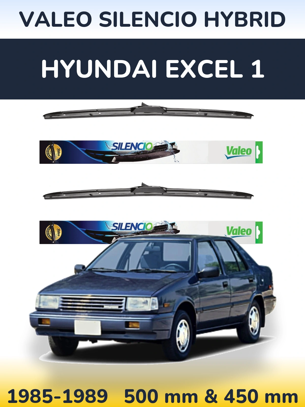 Front wiper blade set Valeo Silencio Hybrid 500 & 450 mm for Hyundai Excel 1 1985-1989