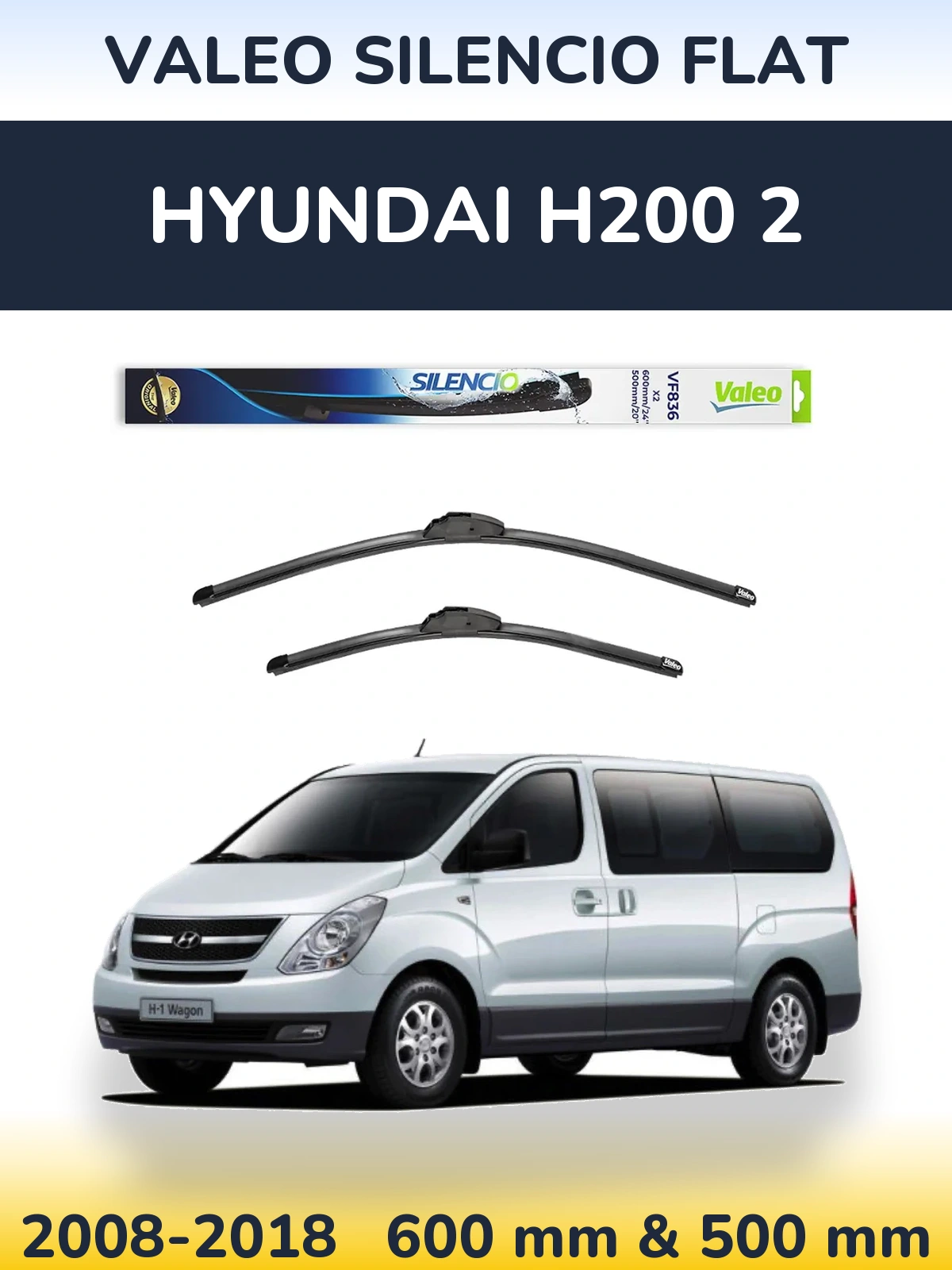 Front wiper blade set Valeo Silencio Flat 600 & 500 mm for Hyundai H200 2 2008-2018