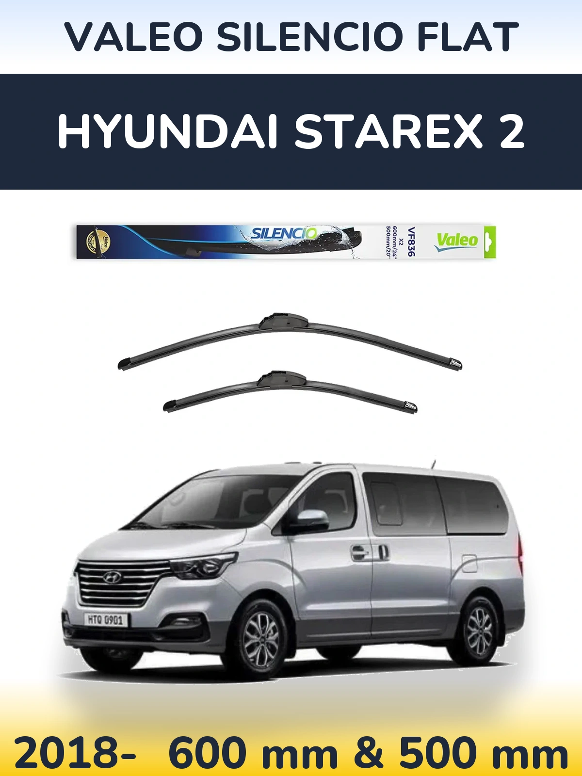 Front wiper blade set Valeo Silencio Flat 600 & 500 mm for Hyundai Starex 2 2018-2026