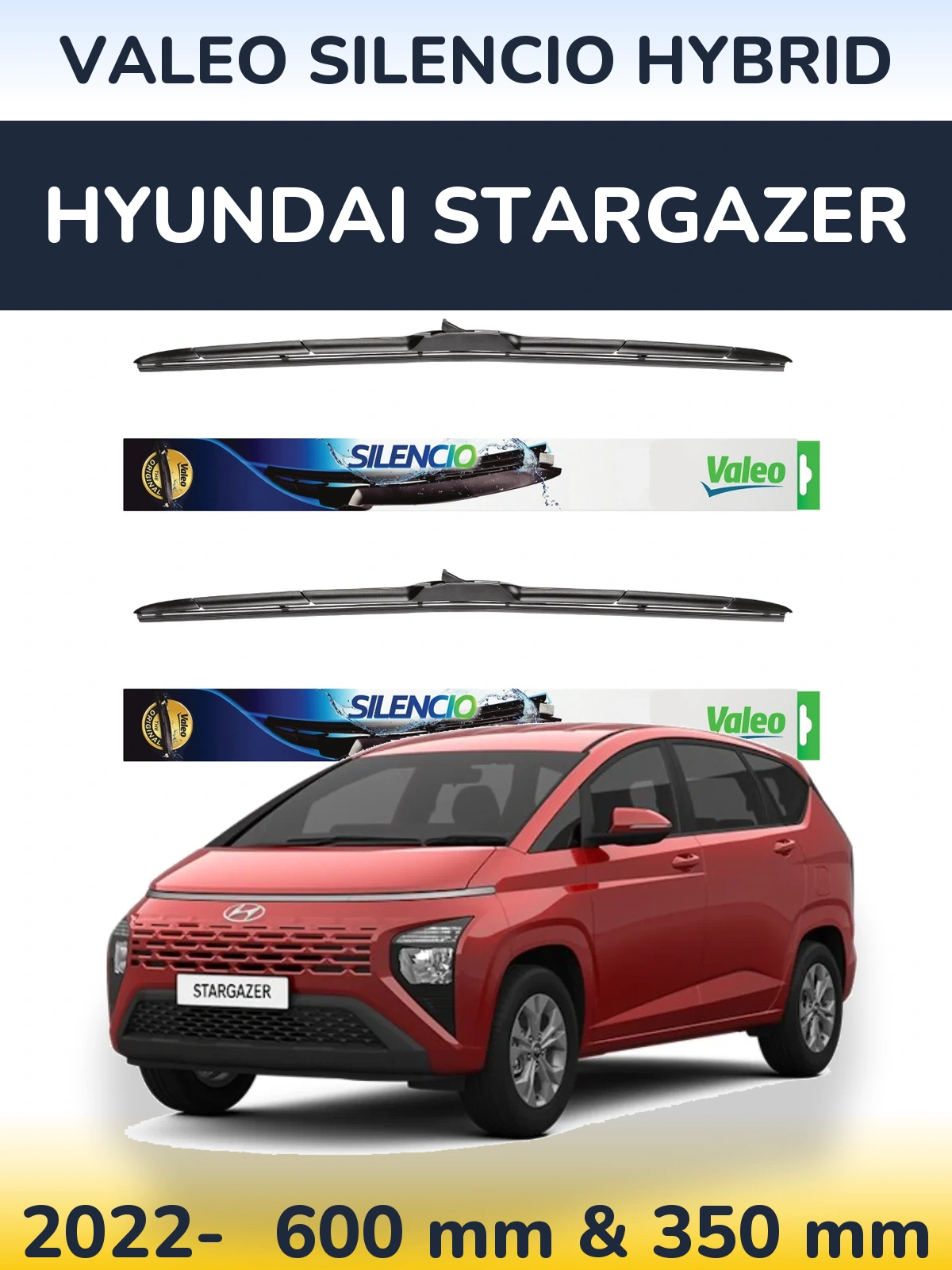 Front wiper blade set Valeo Silencio Hybrid 600 & 350 mm for Hyundai Stargazer 2022-2026