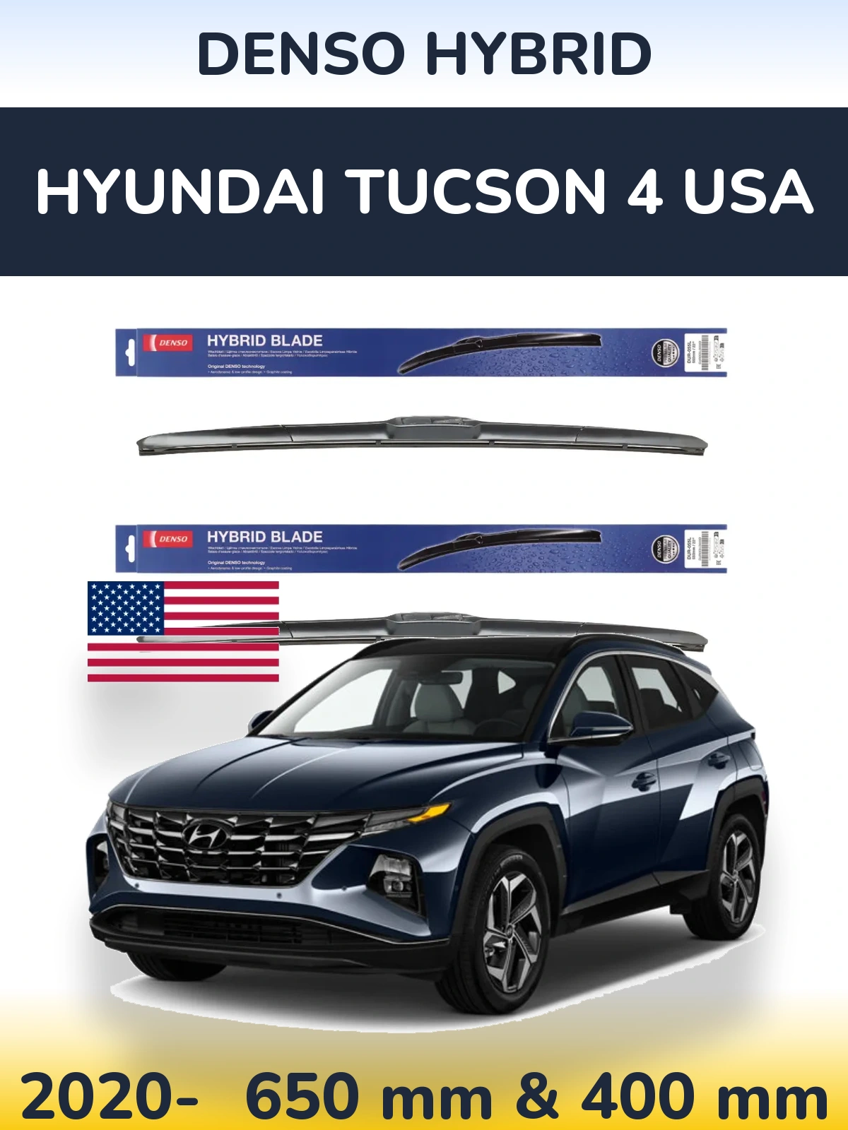Front wiper blade set Denso Hybrid 650 & 400 mm for Hyundai Tucson 4 USA 2020-2026