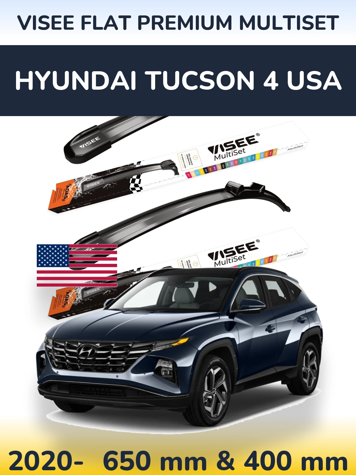 Комплект передних дворников VISEE FLAT PREMIUM MultiSet 650 & 400 мм для Hyundai Tucson 4 USA 2020-2026