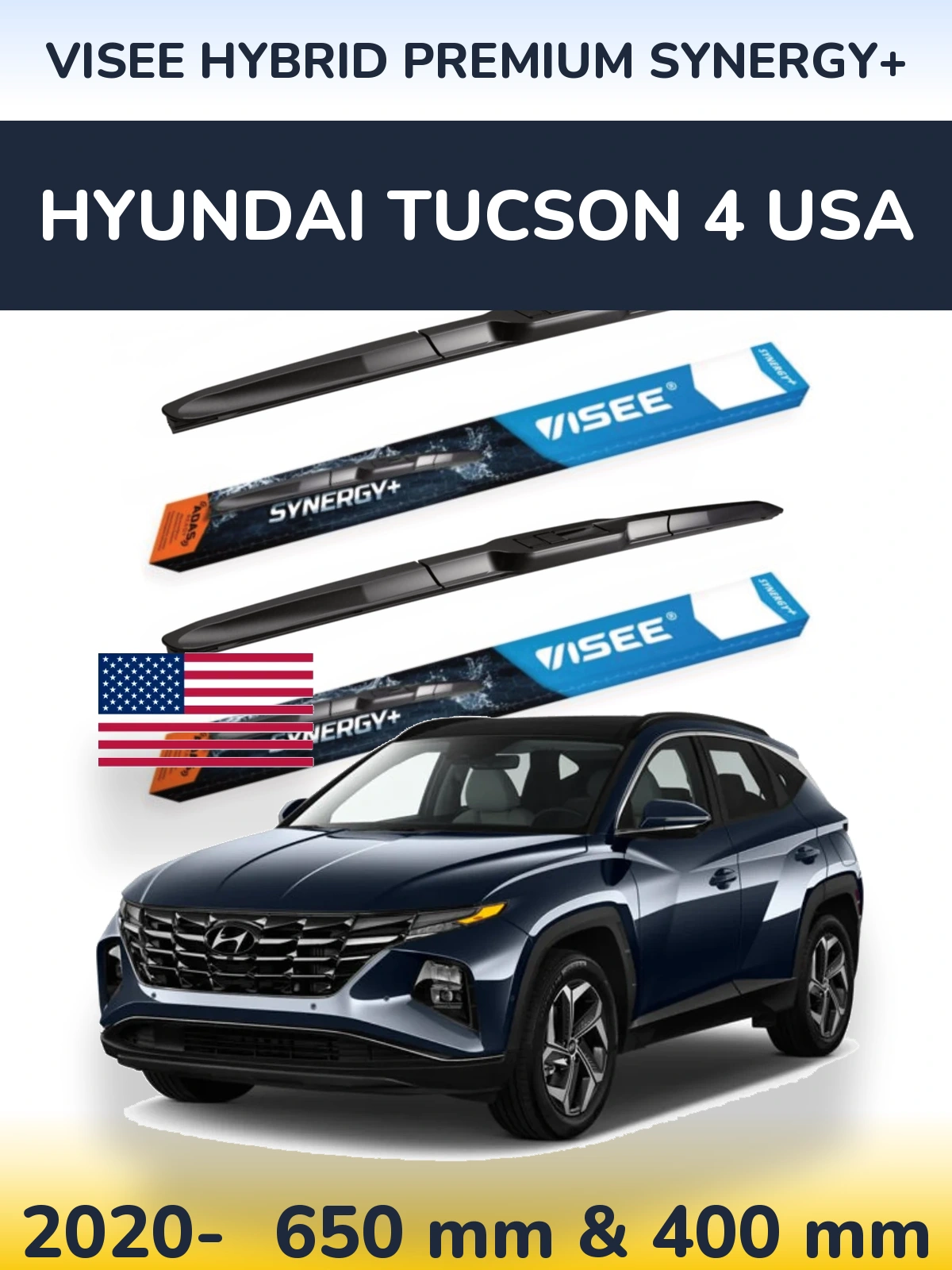 Front wiper blade set VISEE HYBRID PREMIUM SYNERGY+ 650 & 400 mm for Hyundai Tucson 4 USA 2020-2026