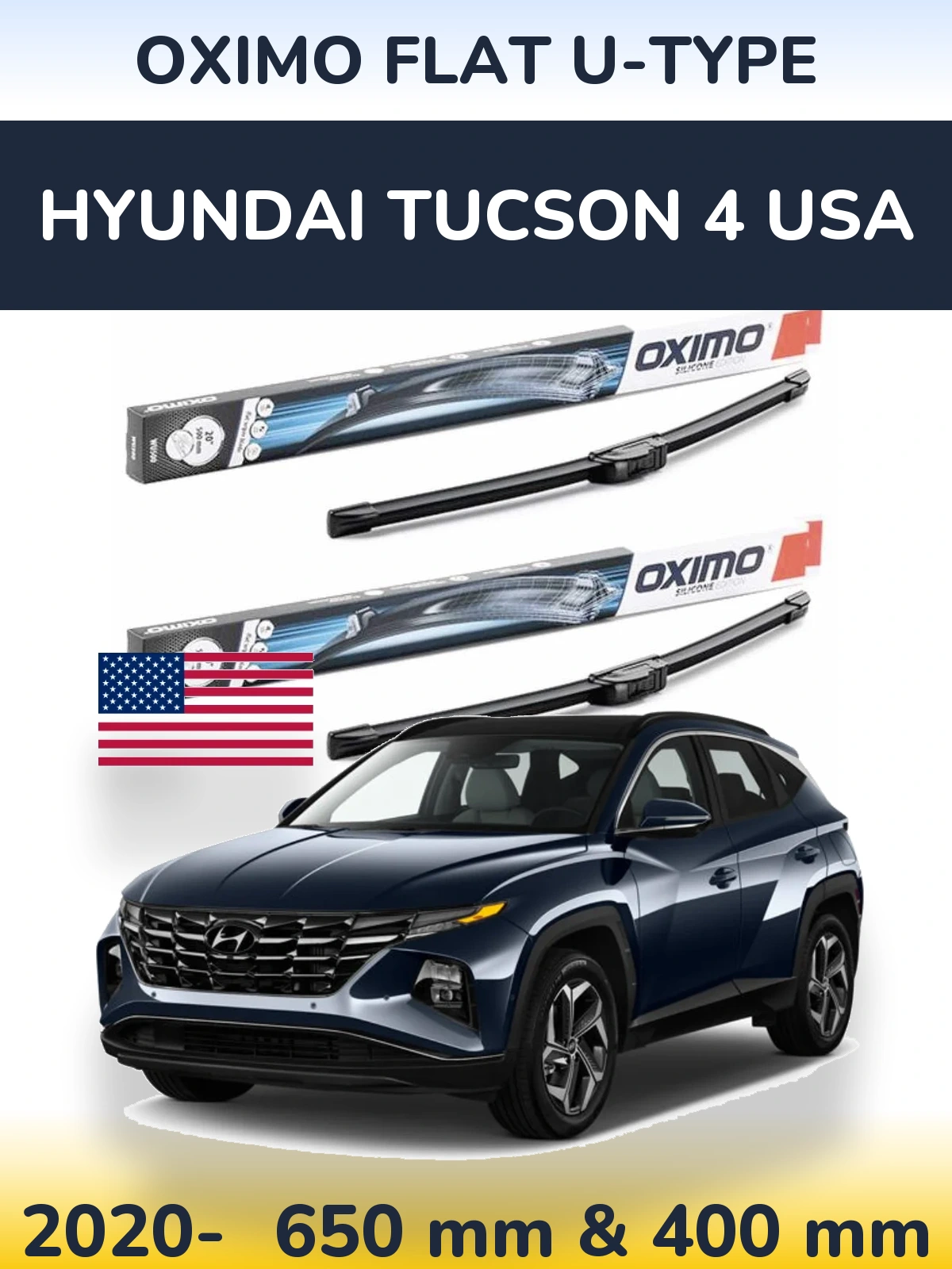 Front wiper blade set Oximo Flat U-type 650 & 400 mm for Hyundai Tucson 4 USA 2020-2026