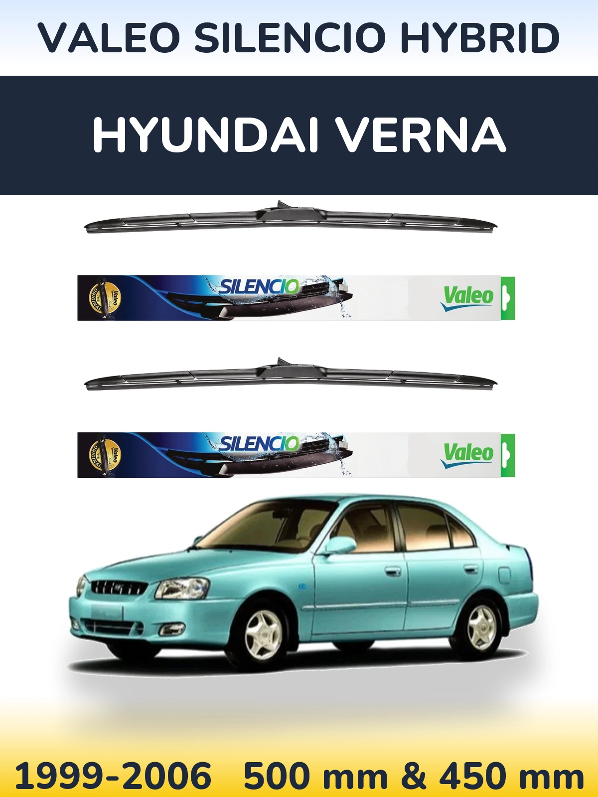Front wiper blade set Valeo Silencio Hybrid 500 & 450 mm for Hyundai Verna 1999-2006