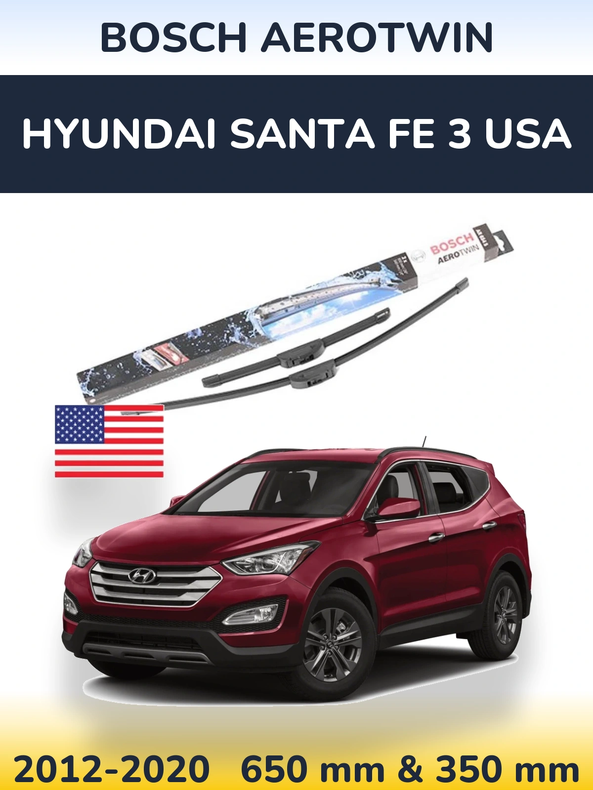 Front wiper blade set BOSCH AeroTwin 650 & 350 mm for Hyundai Santa Fe 3 USA 2012-2020