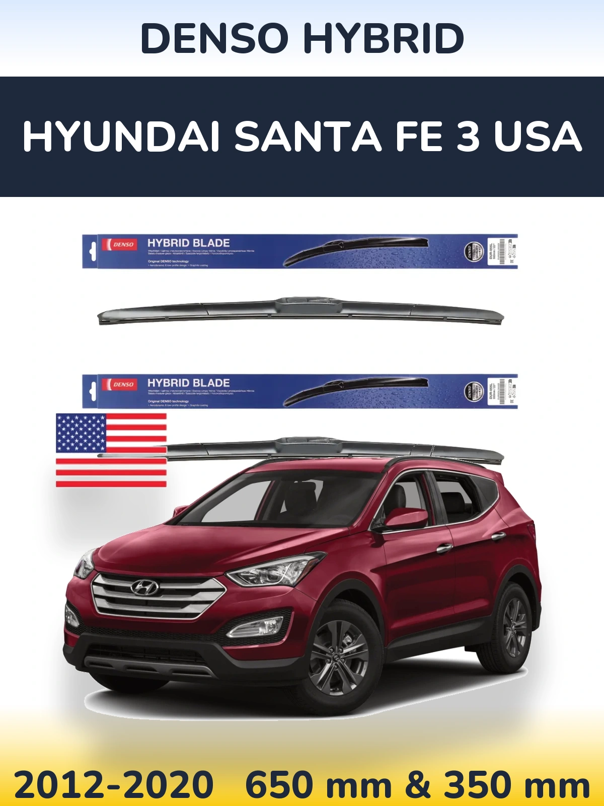 Front wiper blade set Denso Hybrid 650 & 350 mm for Hyundai Santa Fe 3 USA 2012-2020