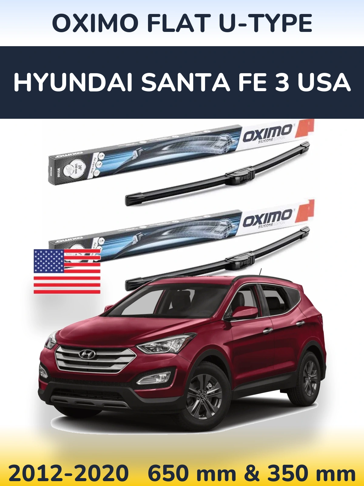 Комплект передних дворников Oximo Flat U-type 650 & 350 мм для Hyundai Santa Fe 3 USA 2012-2020