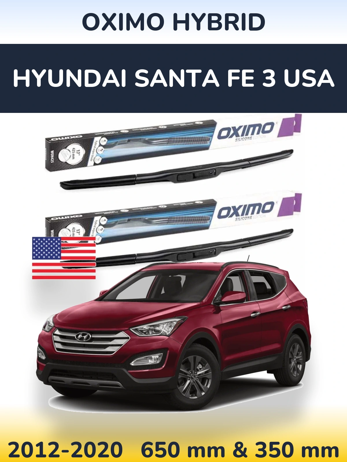 Front wiper blade set Oximo Hybrid 650 & 350 mm for Hyundai Santa Fe 3 USA 2012-2020