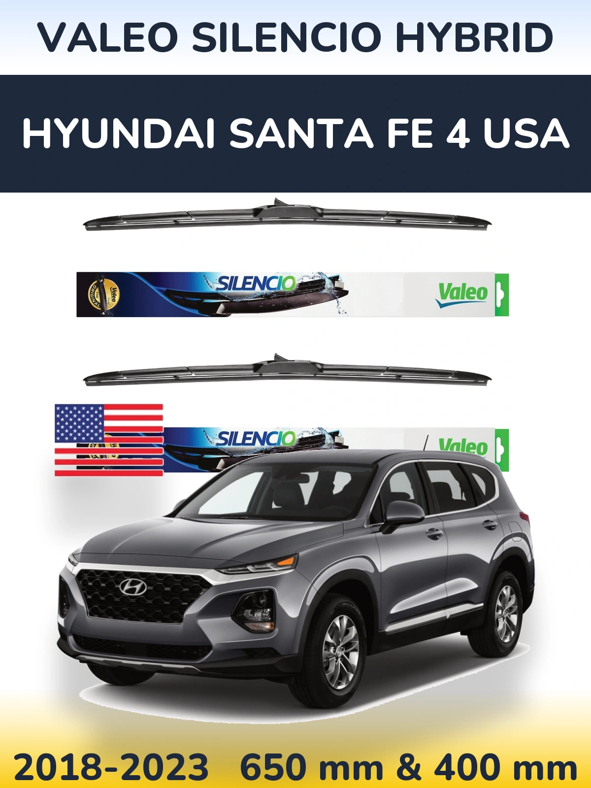 Front wiper blade set Valeo Silencio Hybrid 650 & 400 mm for Hyundai Santa Fe 4 USA 2018-2023