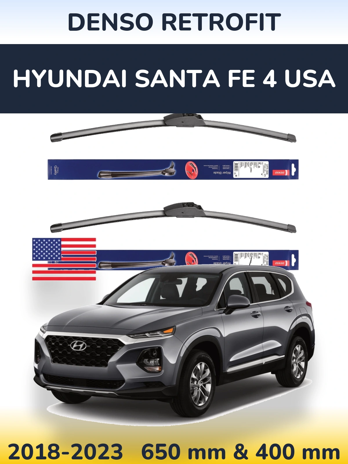 Front wiper blade set Denso Retrofit 650 & 400 mm for Hyundai Santa Fe 4 USA 2018-2023