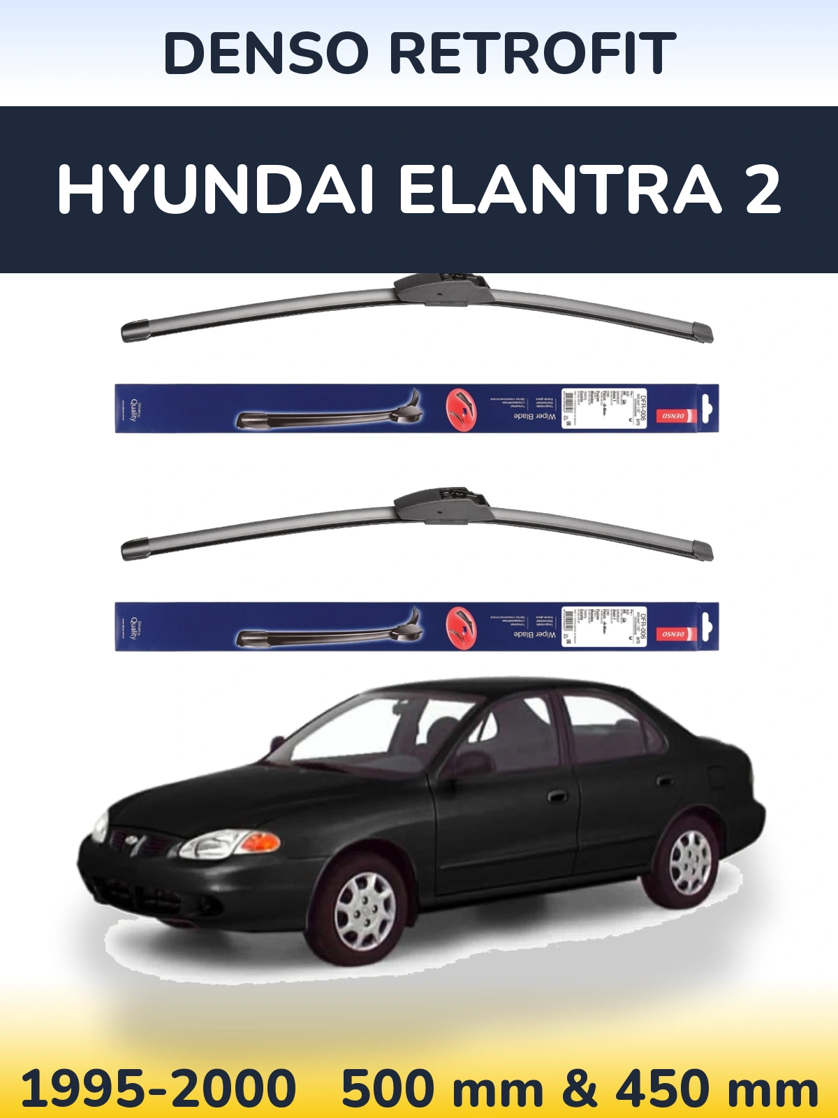 Front wiper blade set Denso Retrofit 500 & 450 mm for Hyundai Elantra 2 1995-2000