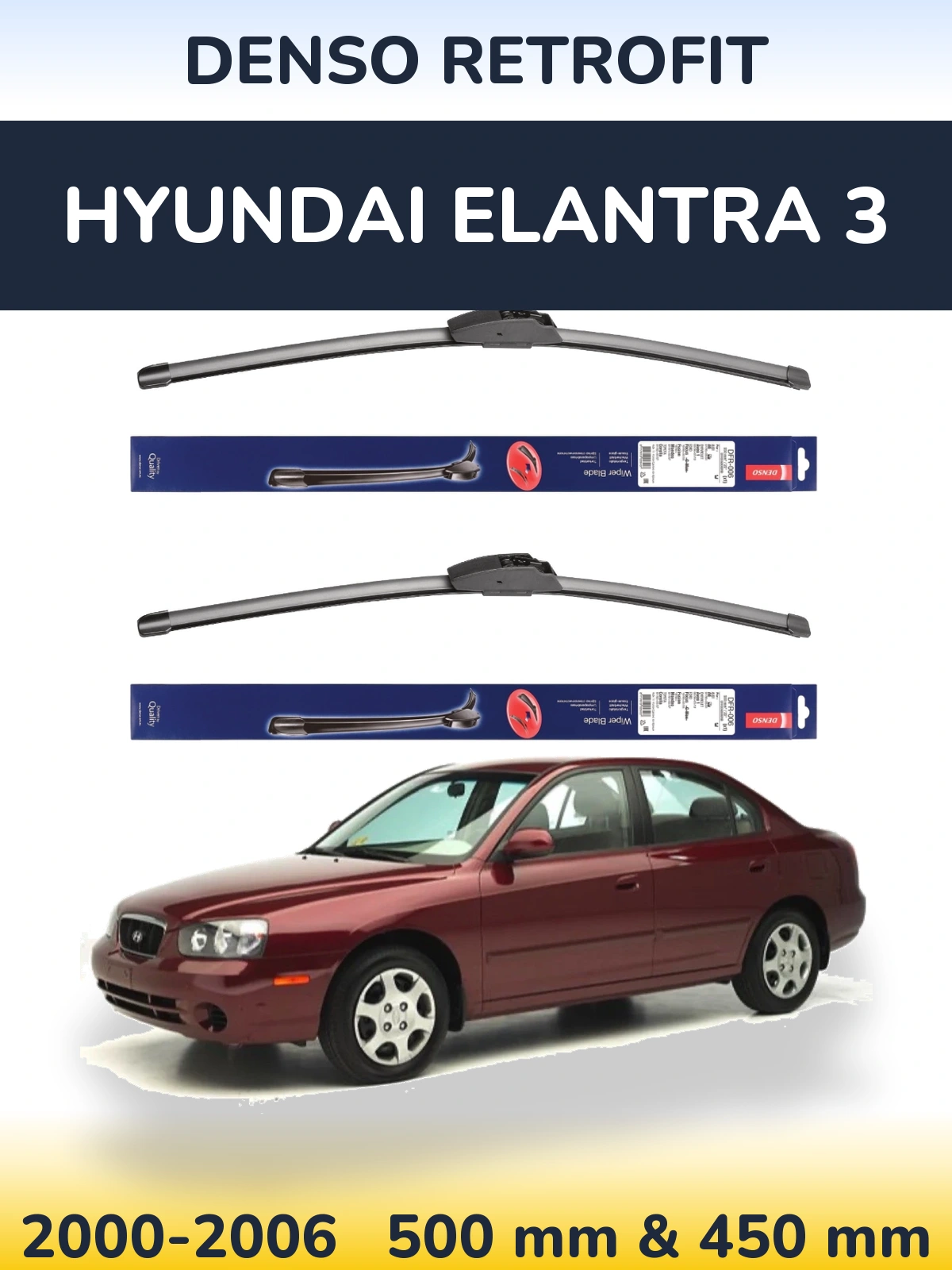 Front wiper blade set Denso Retrofit 500 & 450 mm for Hyundai Elantra 3 2000-2006