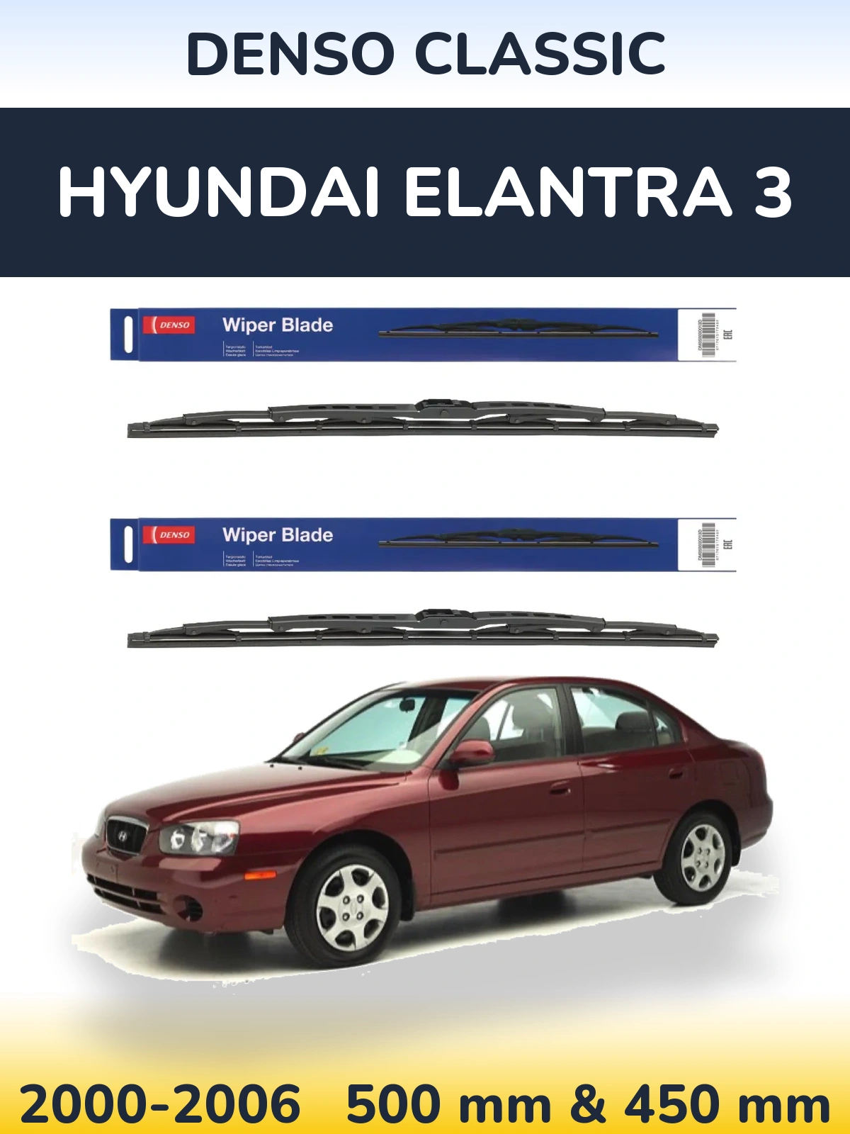Front wiper blade set Denso Classic 500 & 450 mm for Hyundai Elantra 3 2000-2006
