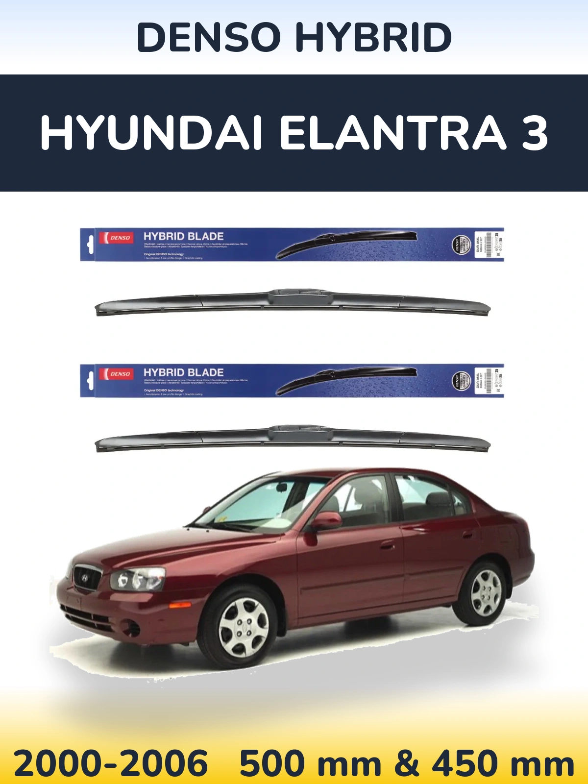 Front wiper blade set Denso Hybrid 500 & 450 mm for Hyundai Elantra 3 2000-2006