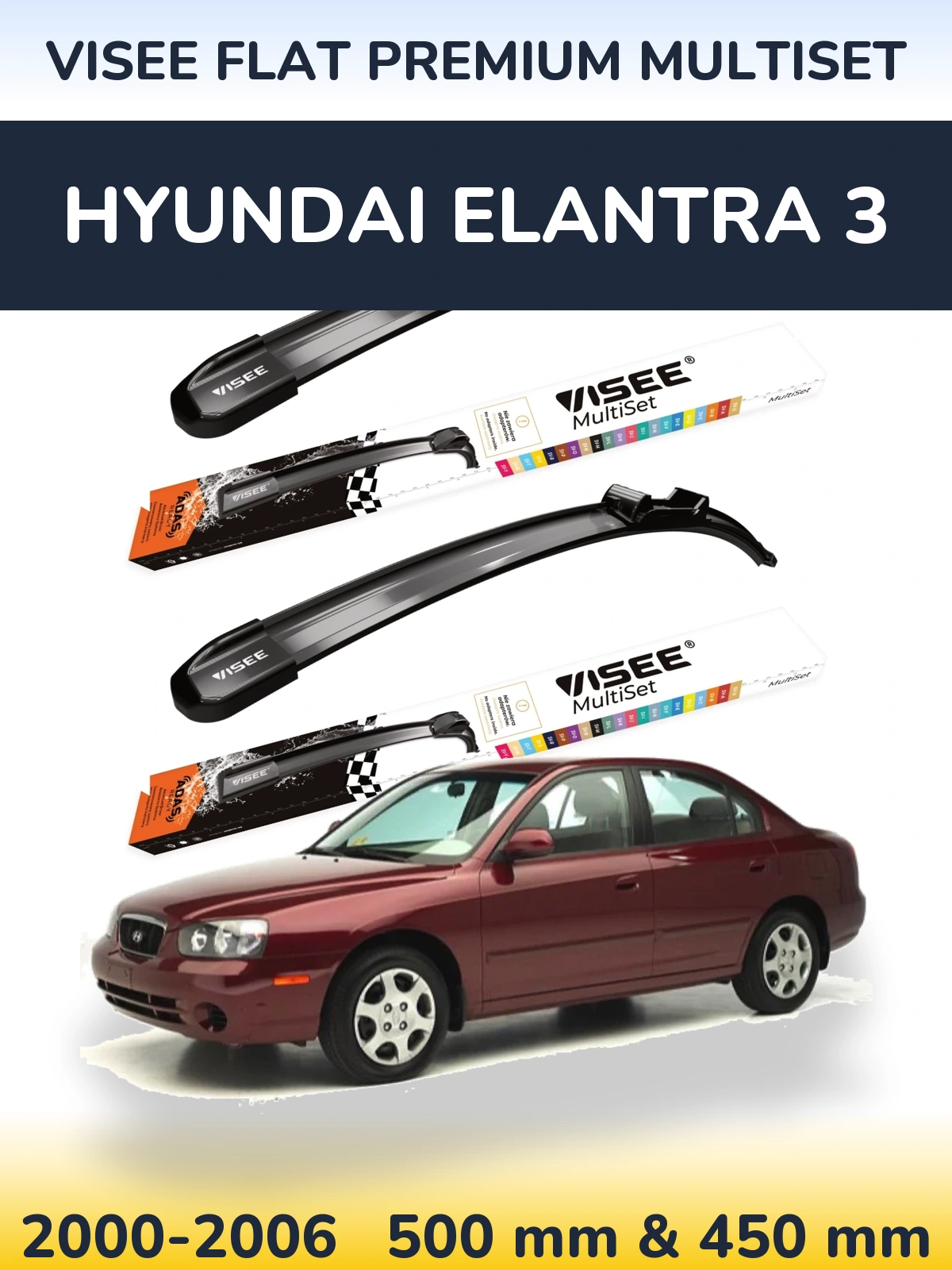 Front wiper blade set VISEE FLAT PREMIUM MultiSet 500 & 450 mm for Hyundai Elantra 3 2000-2006