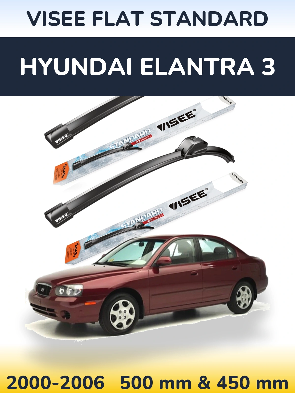 Front wiper blade set VISEE FLAT STANDARD 500 & 450 mm for Hyundai Elantra 3 2000-2006