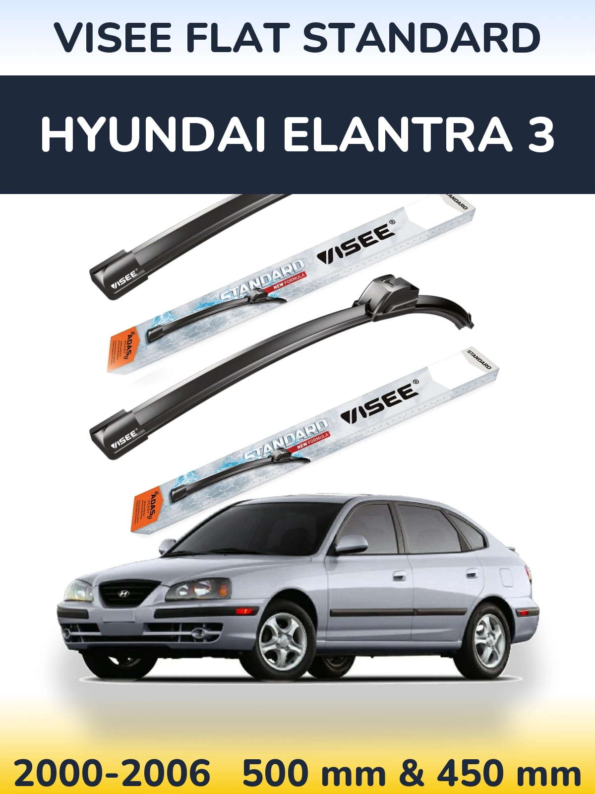 Front wiper blade set VISEE FLAT STANDARD 500 & 450 mm for Hyundai Elantra 3 2000-2006