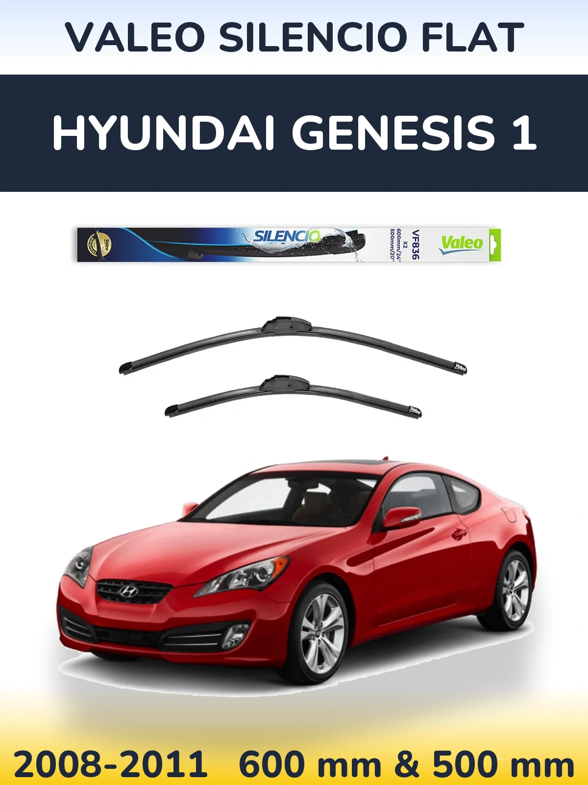 Front wiper blade set Valeo Silencio Flat 600 & 500 mm for Hyundai Genesis 1 2008-2011
