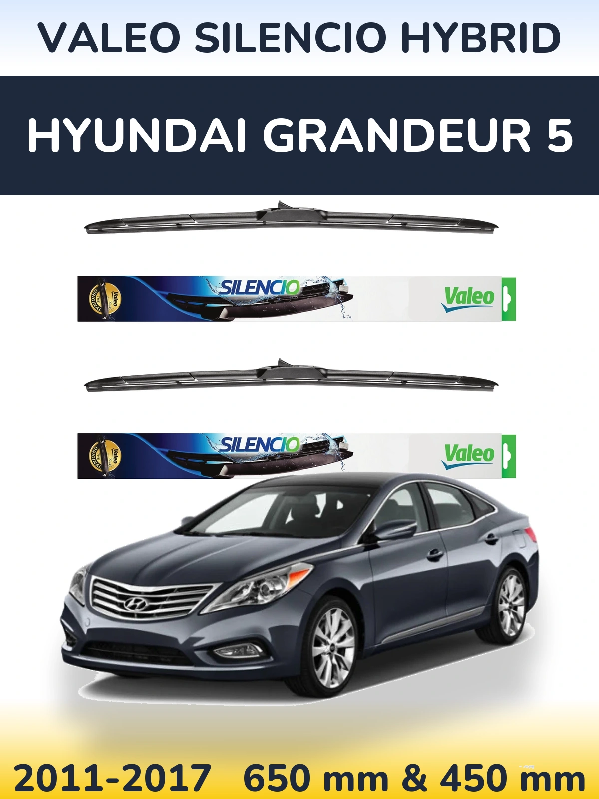 Front wiper blade set Valeo Silencio Hybrid 650 & 450 mm for Hyundai Grandeur 5 2011-2017