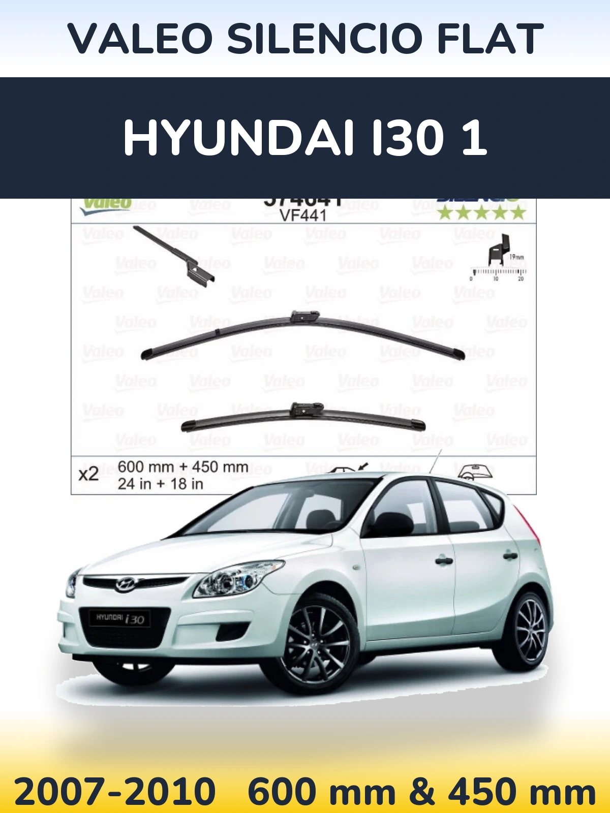 Front wiper blade set Valeo Silencio Flat 600 & 450 mm for Hyundai i30 1 2007-2010
