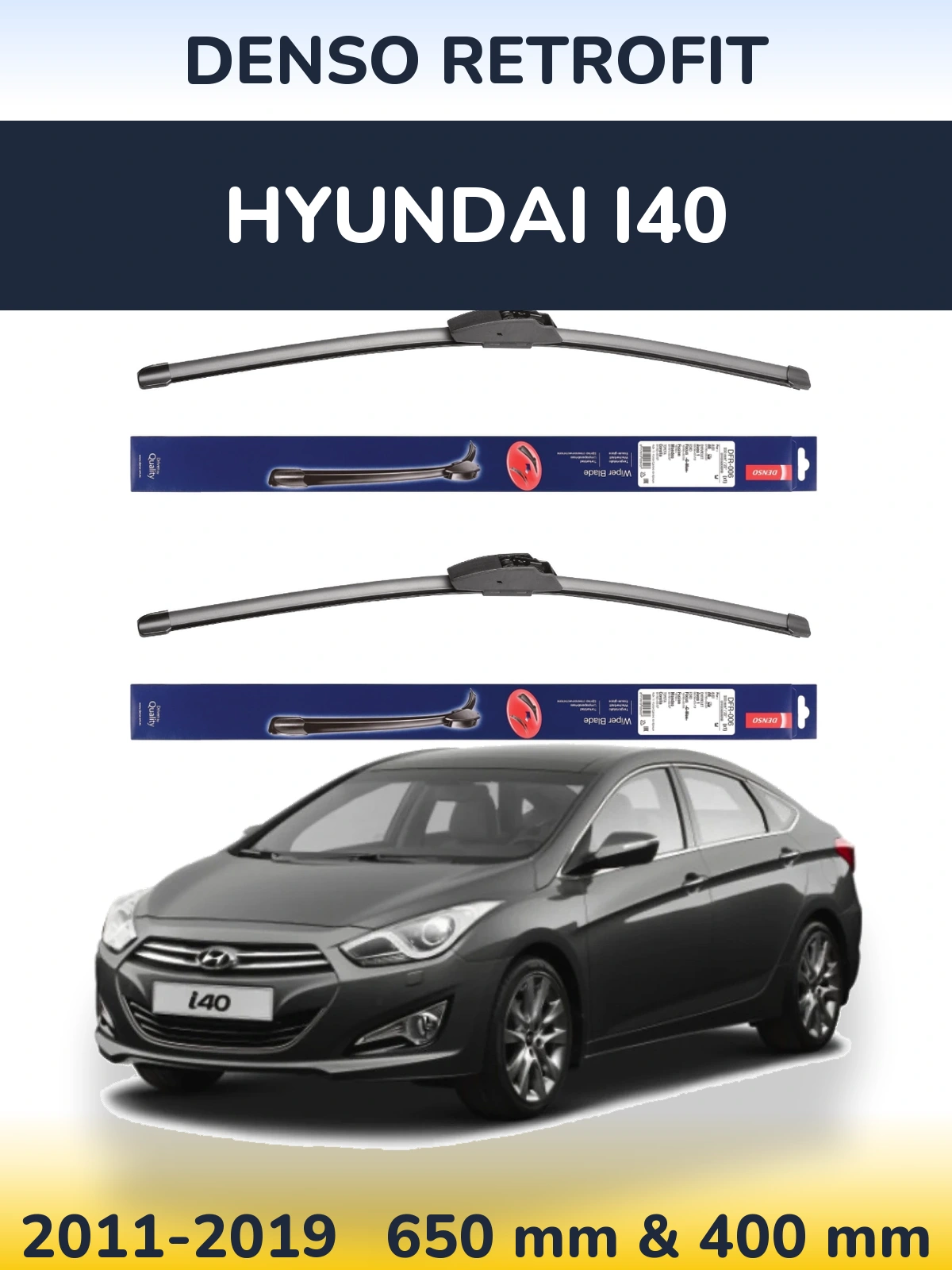 Front wiper blade set Denso Retrofit 650 & 400 mm for Hyundai i40 2011-2019