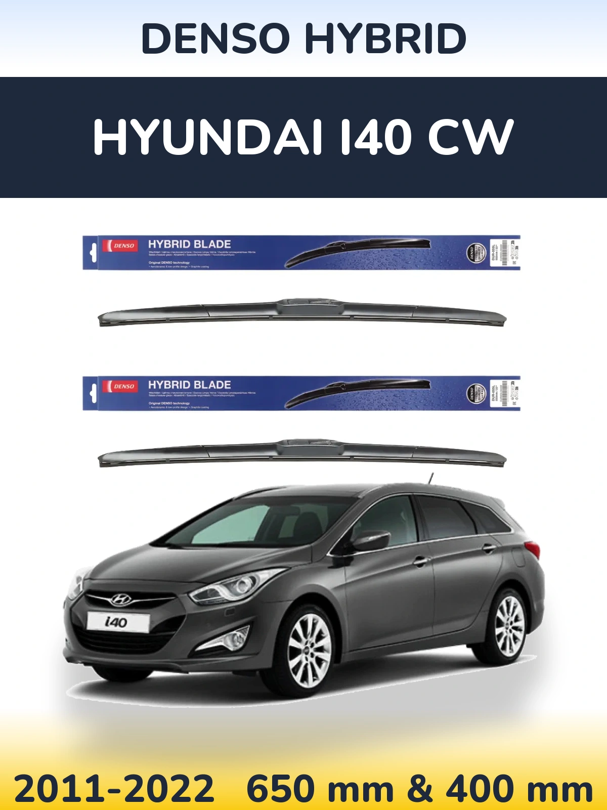 Front wiper blade set Denso Hybrid 650 & 400 mm for Hyundai i40 CW 2011-2022