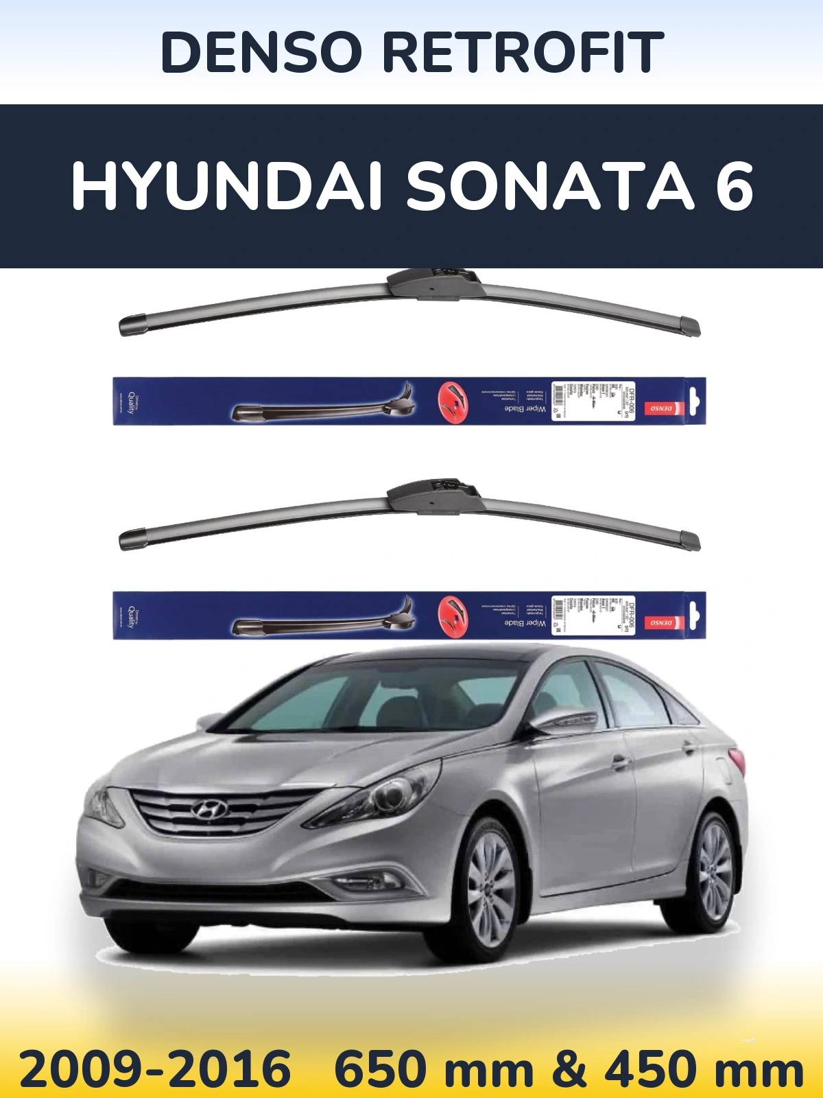 Front wiper blade set Denso Retrofit 650 & 450 mm for Hyundai Sonata 6 2009-2016