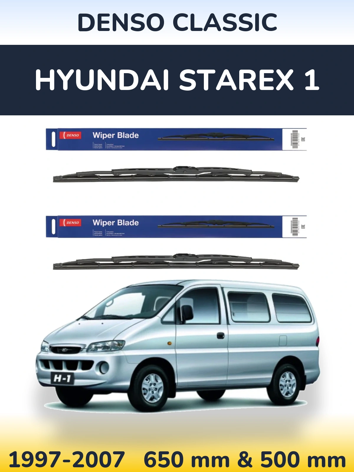 Front wiper blade set Denso Classic 650 & 500 mm for Hyundai Starex 1 1997-2007