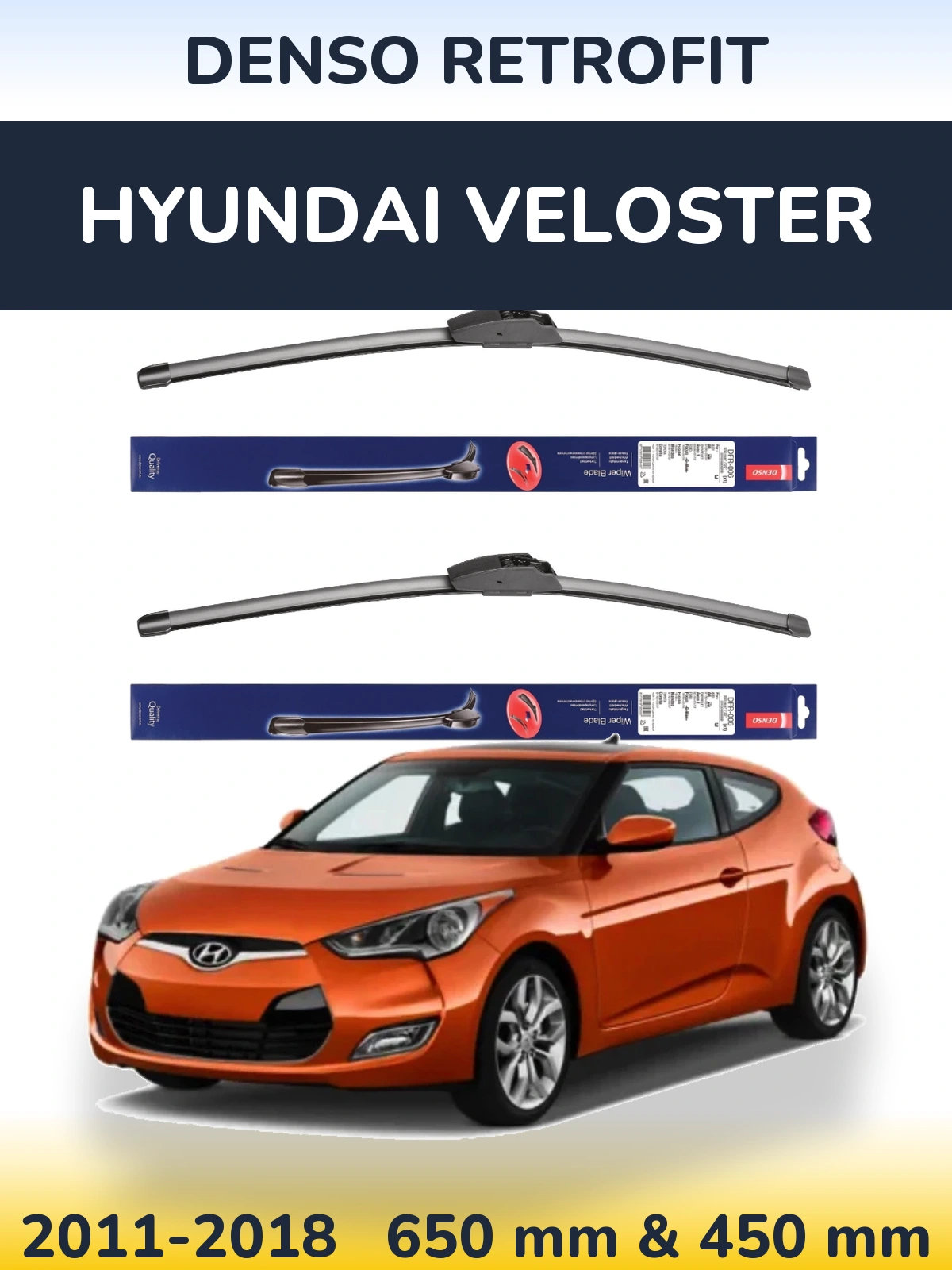 Front wiper blade set Denso Retrofit 650 & 450 mm for Hyundai Veloster 2011-2018