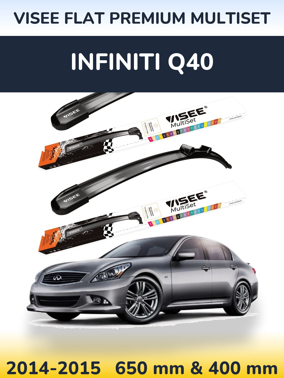 Комплект передних дворников VISEE FLAT PREMIUM MultiSet 650 & 400 мм для Infiniti Q40 2014-2015