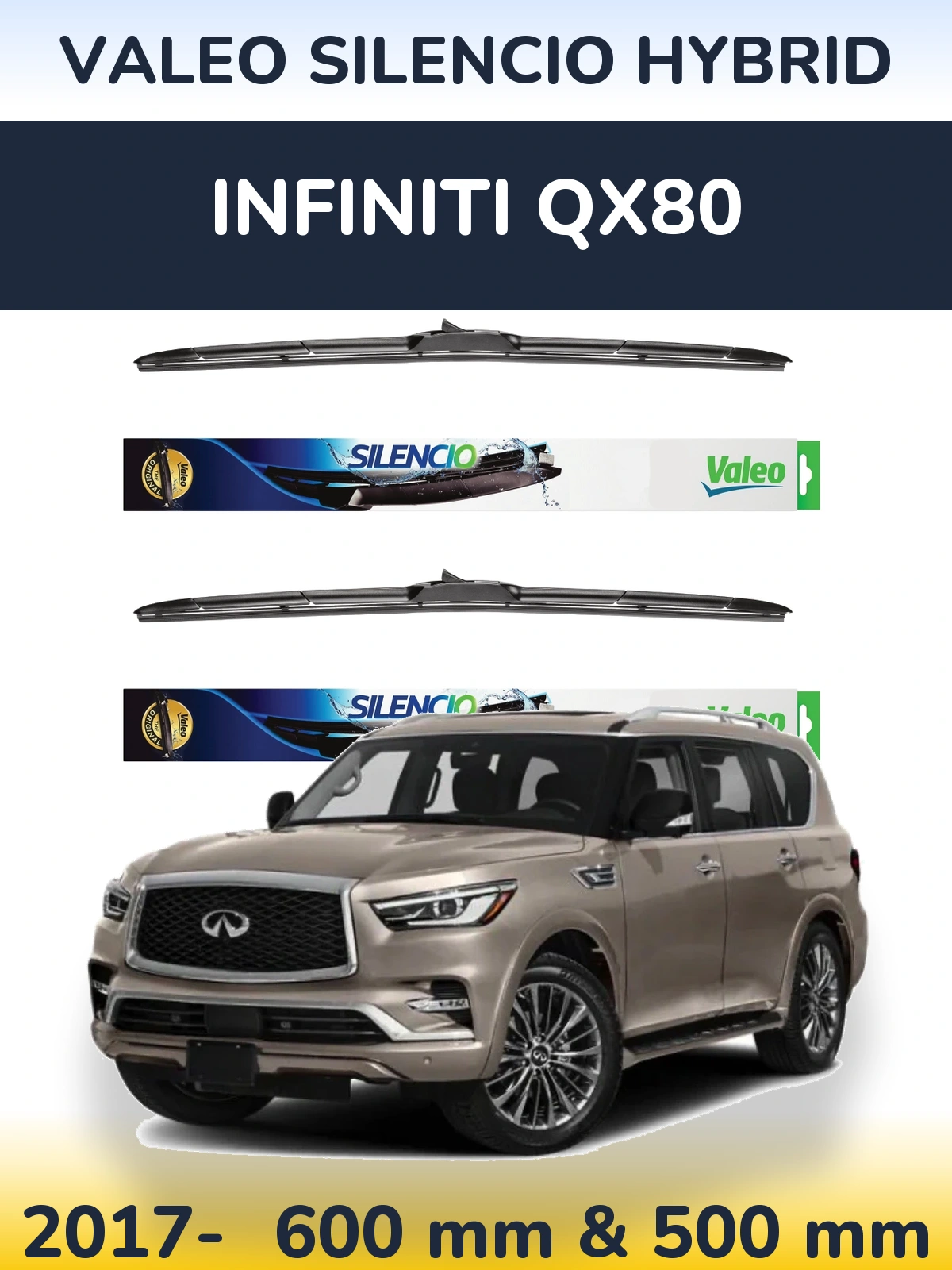 Front wiper blade set Valeo Silencio Hybrid 600 & 500 mm for Infiniti QX80 2017-2026