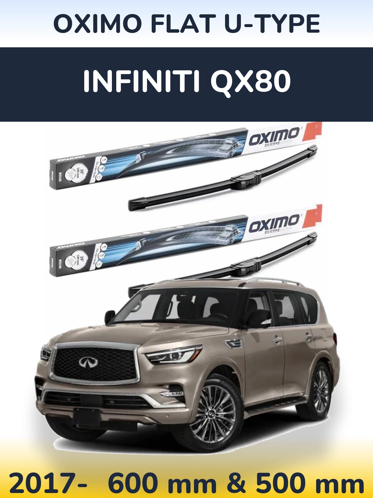 Front wiper blade set Oximo Flat U-type 600 & 500 mm for Infiniti QX80 2017-2026