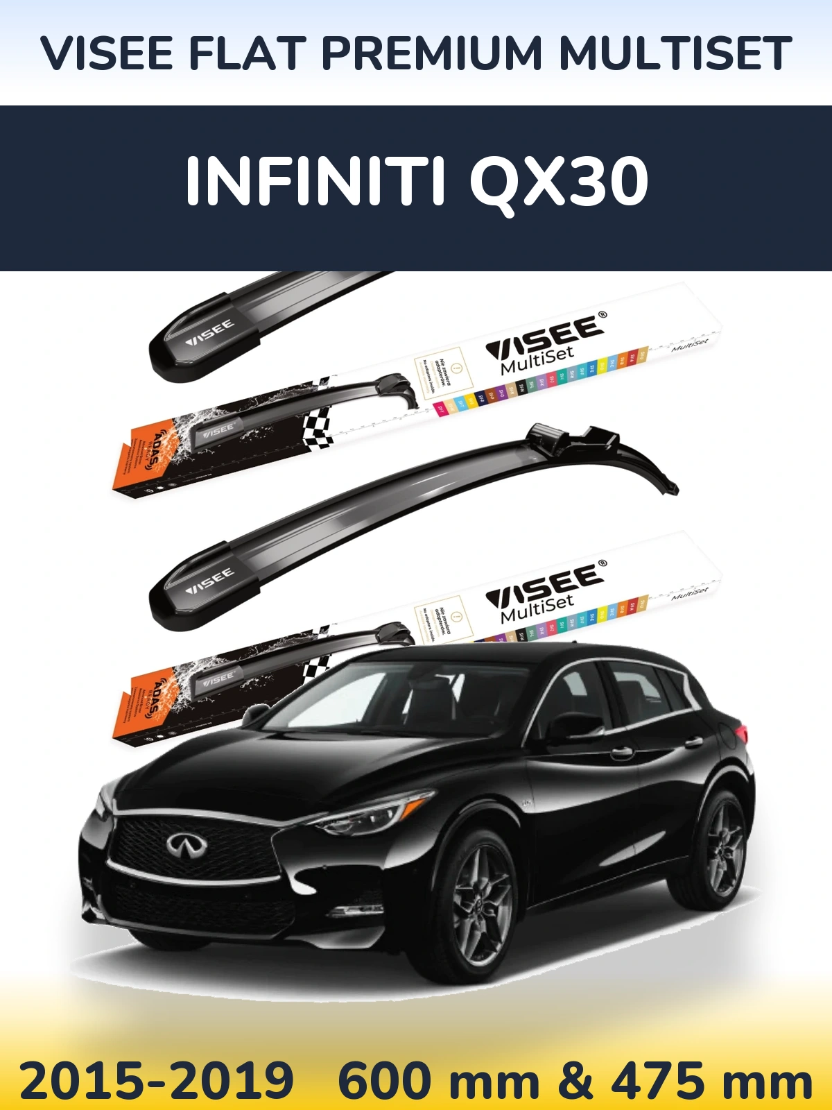 Front wiper blade set VISEE FLAT PREMIUM MultiSet 600 & 475 mm for Infiniti QX30 2015-2019