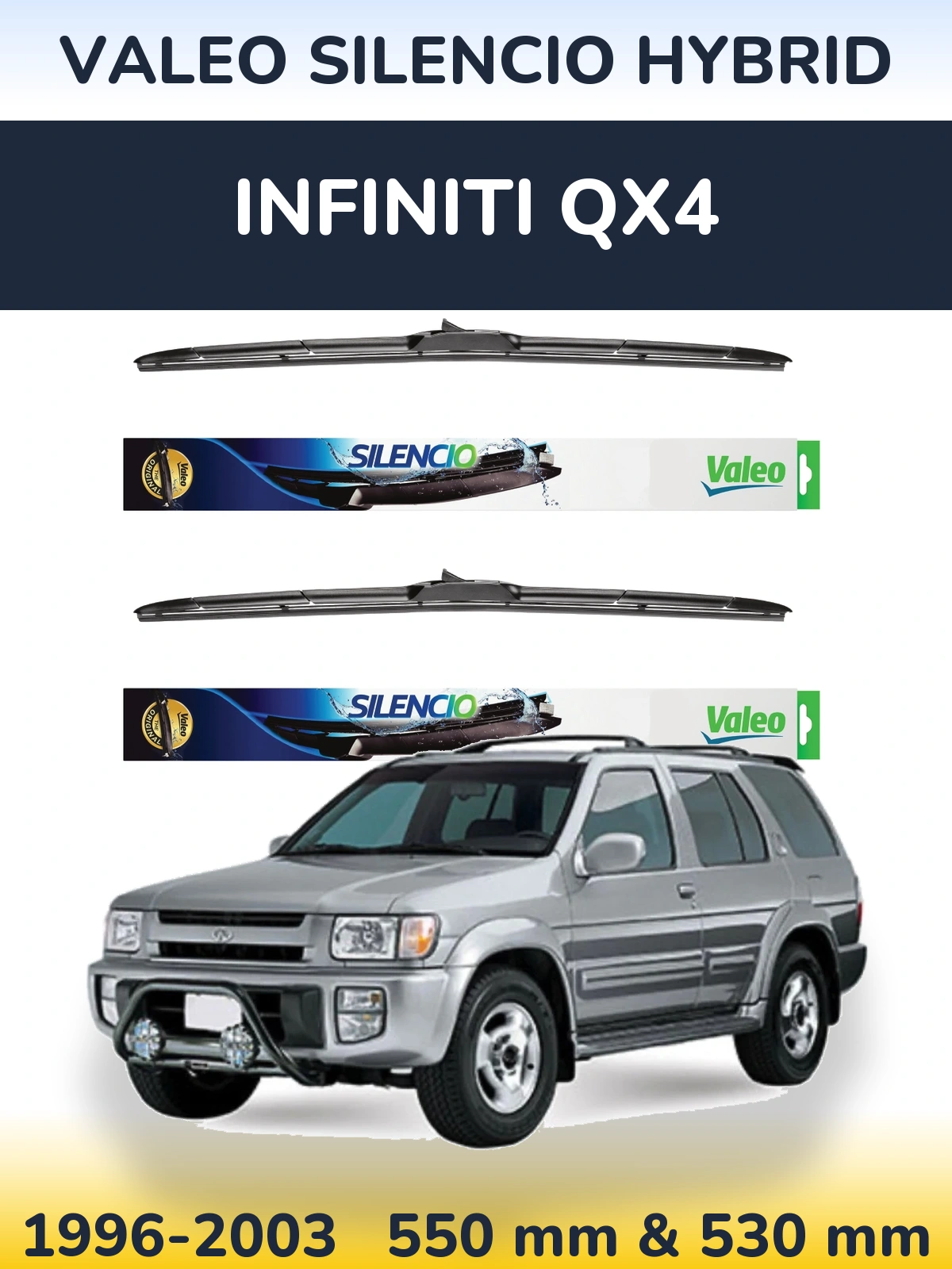 Front wiper blade set Valeo Silencio Hybrid 550 & 530 mm for Infiniti QX4 1996-2003