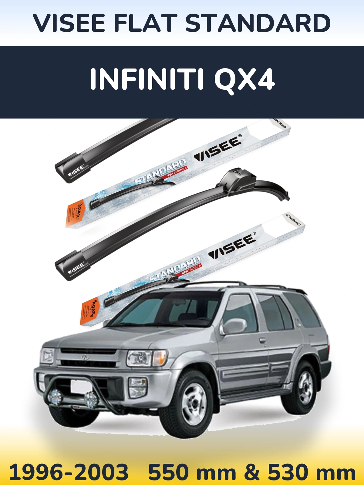 Front wiper blade set VISEE FLAT STANDARD 550 & 530 mm for Infiniti QX4 1996-2003