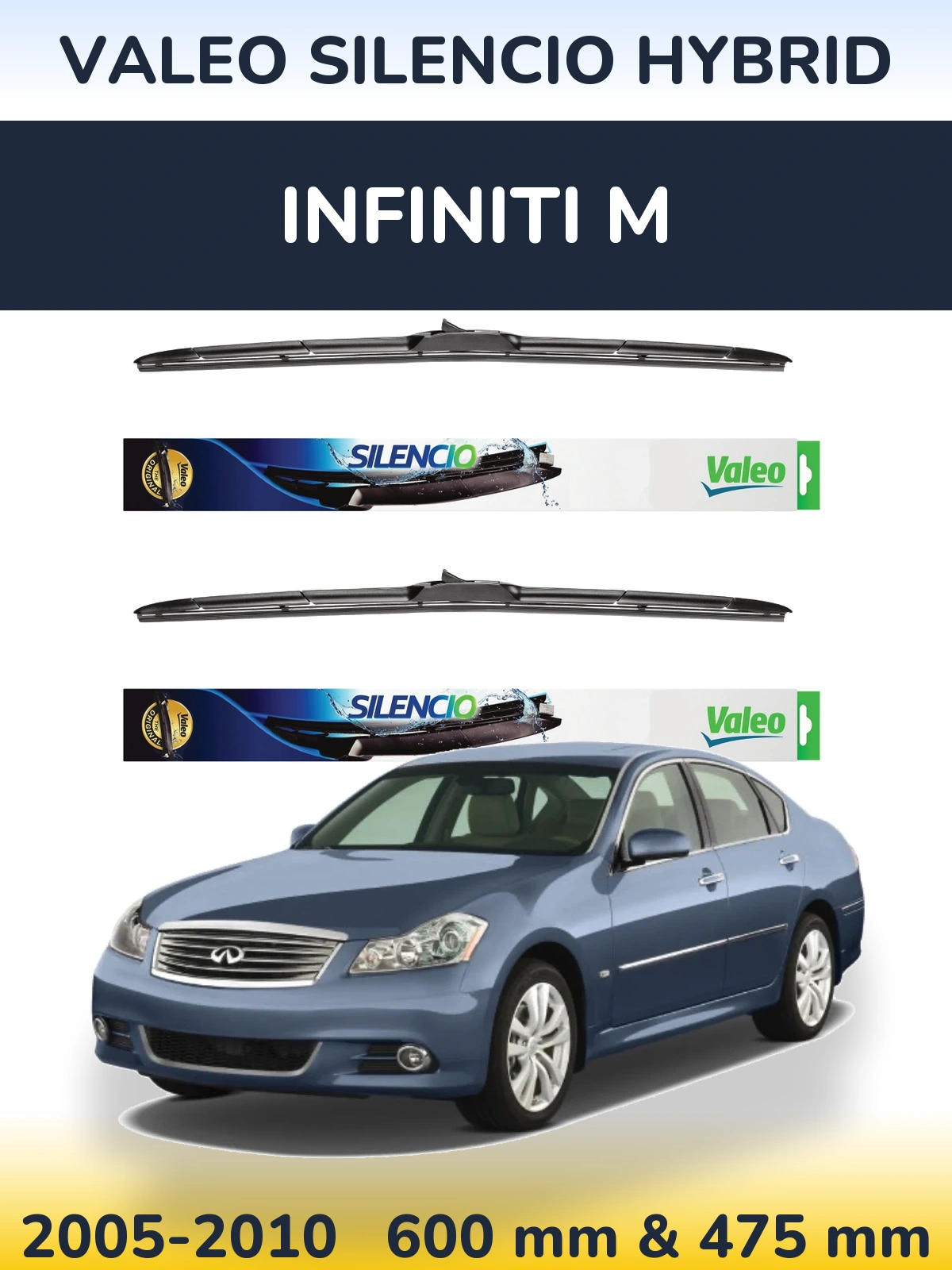 Front wiper blade set Valeo Silencio Hybrid 600 & 475 mm for Infiniti M 2005-2010